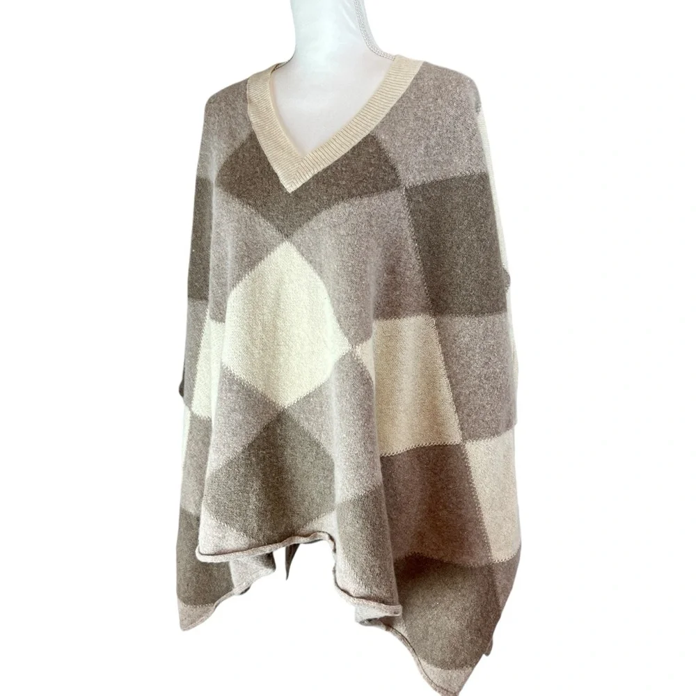 BOSTON PROPER Tan Cream Patchwork Poncho One Sz Lambswool Fall Pullover‎ Casual